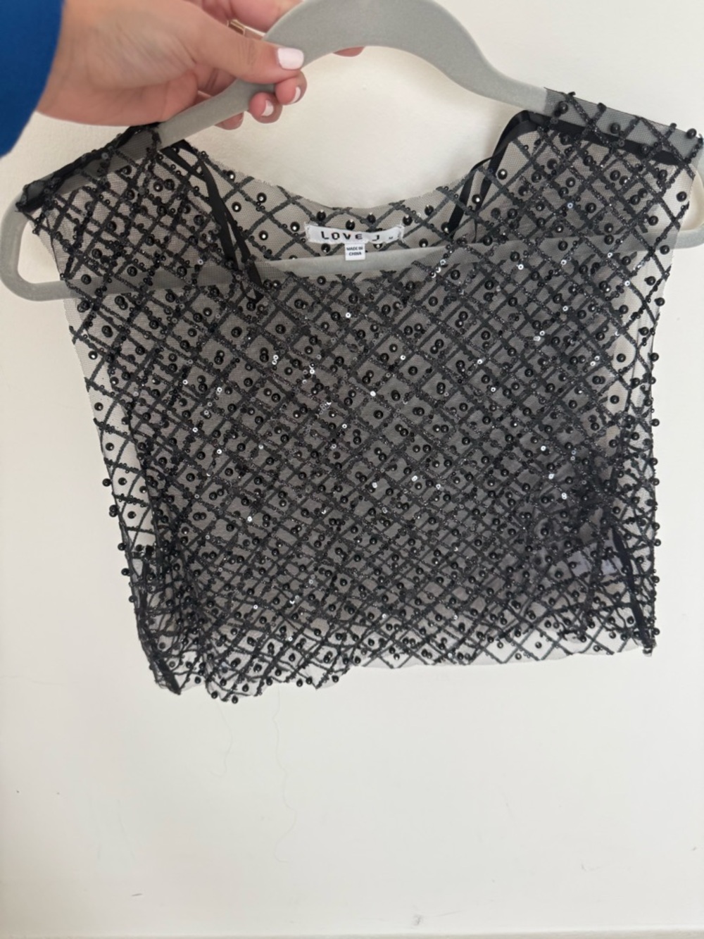 Black Beaded Mesh Beaded Crop Top